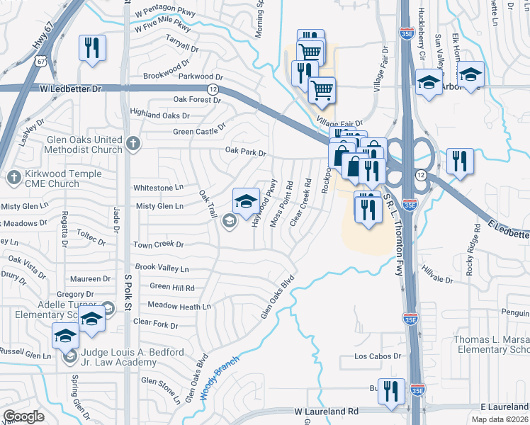 map of restaurants, bars, coffee shops, grocery stores, and more near 4917 Moss Point Road in Dallas