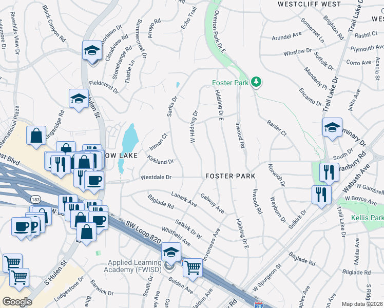 map of restaurants, bars, coffee shops, grocery stores, and more near 4129 Hildring Drive East in Fort Worth