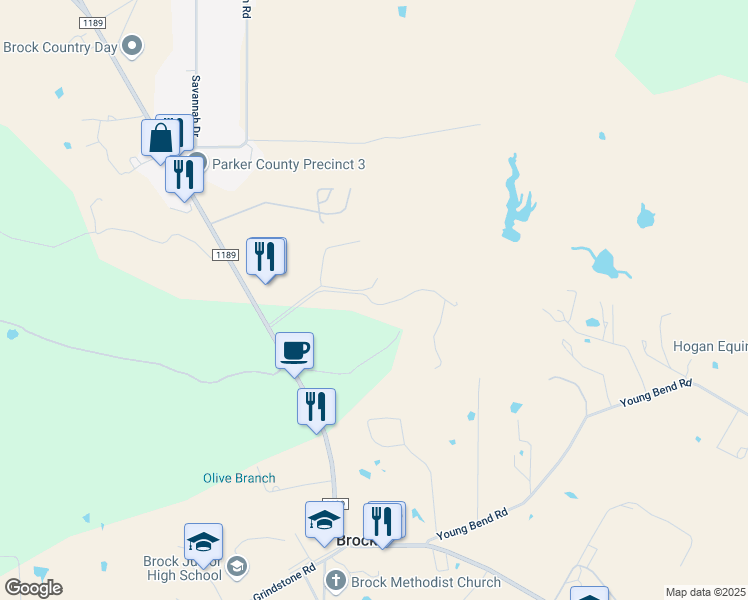 map of restaurants, bars, coffee shops, grocery stores, and more near 1505 Farm to Market Road 1189 in Brock
