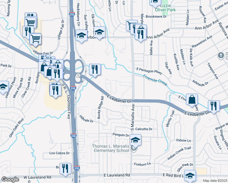 map of restaurants, bars, coffee shops, grocery stores, and more near 4972 Brigadoon Lane in Dallas