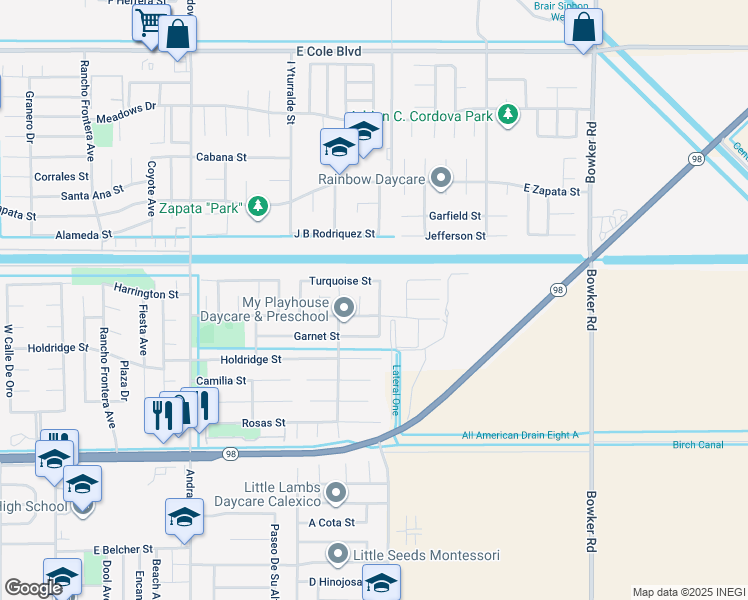map of restaurants, bars, coffee shops, grocery stores, and more near 1259 Feldspar Avenue in Calexico