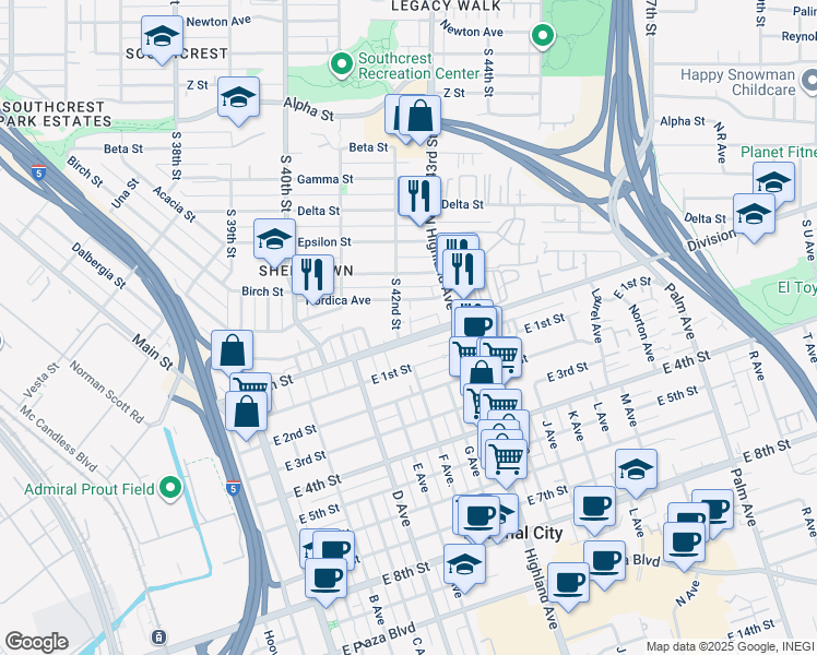 map of restaurants, bars, coffee shops, grocery stores, and more near 2041 South 42nd Street in San Diego