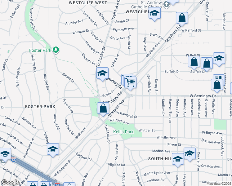 map of restaurants, bars, coffee shops, grocery stores, and more near 3559 South Drive in Fort Worth
