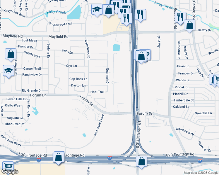 map of restaurants, bars, coffee shops, grocery stores, and more near 3544 Quannah Drive in Grand Prairie