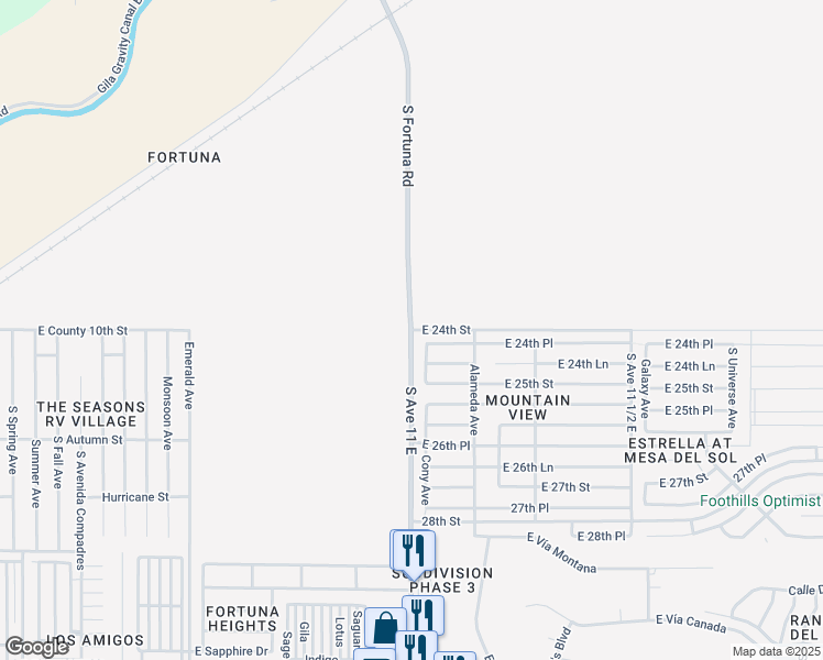 map of restaurants, bars, coffee shops, grocery stores, and more near East 24th Street in Yuma