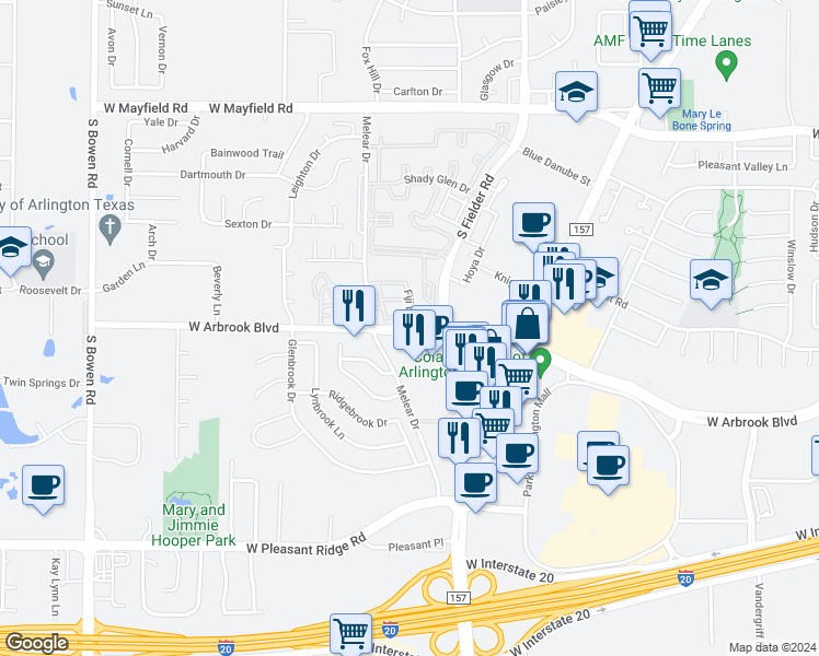 map of restaurants, bars, coffee shops, grocery stores, and more near 1609 West Arbrook Boulevard in Arlington