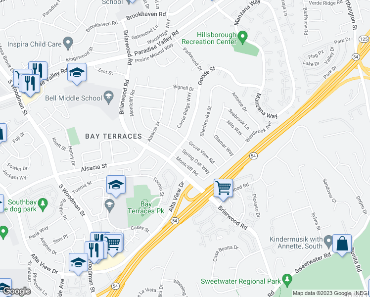 map of restaurants, bars, coffee shops, grocery stores, and more near 2361 Spring Oak Way in San Diego