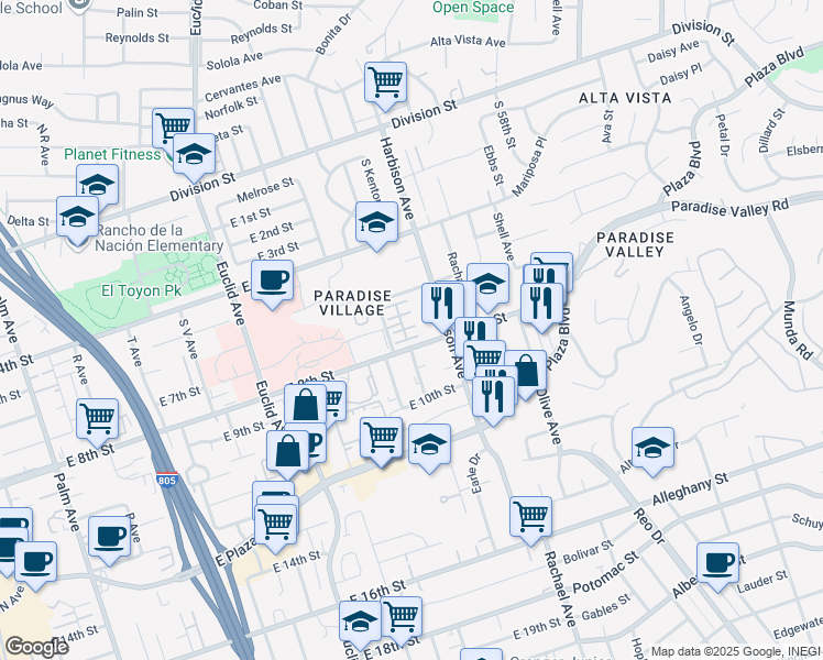 map of restaurants, bars, coffee shops, grocery stores, and more near 723 Paradise Way in National City