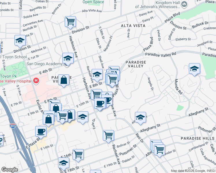 map of restaurants, bars, coffee shops, grocery stores, and more near 827 Olive Avenue in National City