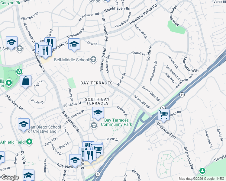 map of restaurants, bars, coffee shops, grocery stores, and more near 7280 Alsacia Street in San Diego