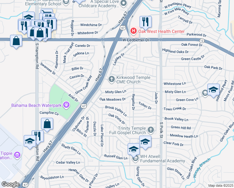 map of restaurants, bars, coffee shops, grocery stores, and more near 1416 Misty Glen Lane in Dallas