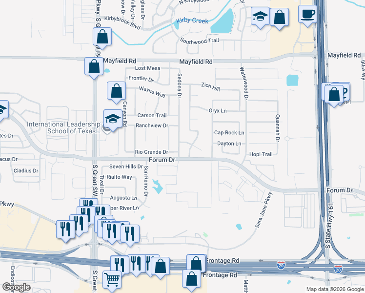 map of restaurants, bars, coffee shops, grocery stores, and more near 3542 Sedona Dr in Grand Prairie
