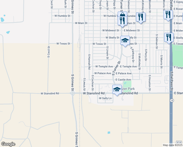 map of restaurants, bars, coffee shops, grocery stores, and more near 1601 South Cochran Street in Hobbs