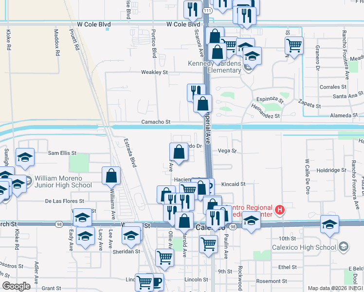 map of restaurants, bars, coffee shops, grocery stores, and more near 166 Vernardo Drive in Calexico