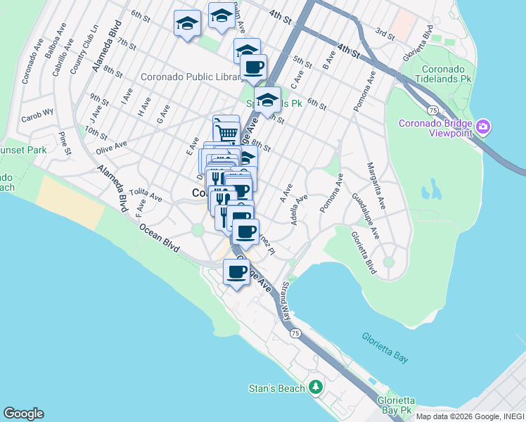 map of restaurants, bars, coffee shops, grocery stores, and more near 1313 10th Street in Coronado