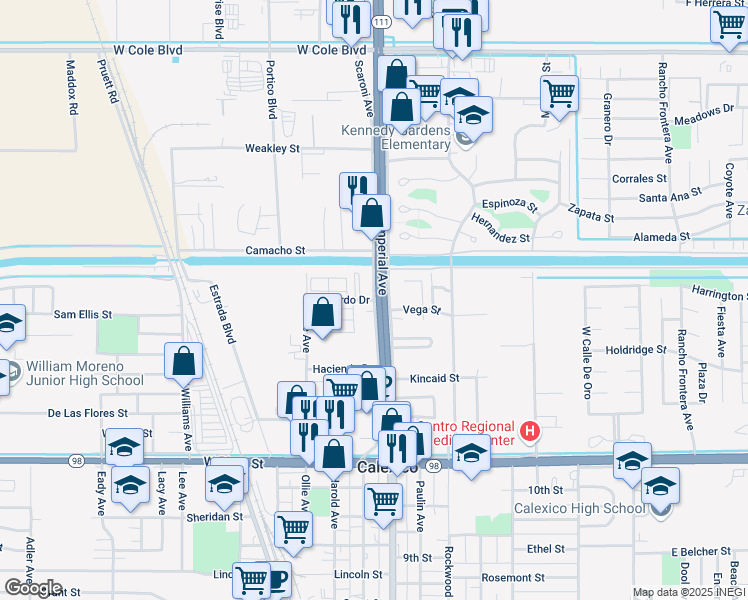 map of restaurants, bars, coffee shops, grocery stores, and more near 100 Vernardo Drive in Calexico