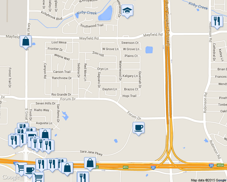 map of restaurants, bars, coffee shops, grocery stores, and more near 2119 Dayton Lane in Grand Prairie