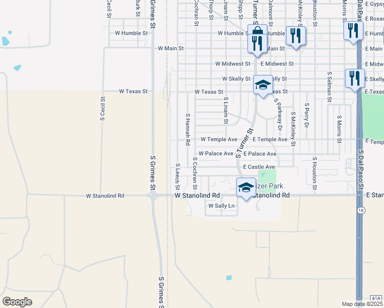 map of restaurants, bars, coffee shops, grocery stores, and more near 1601 South Cochran Street in Hobbs