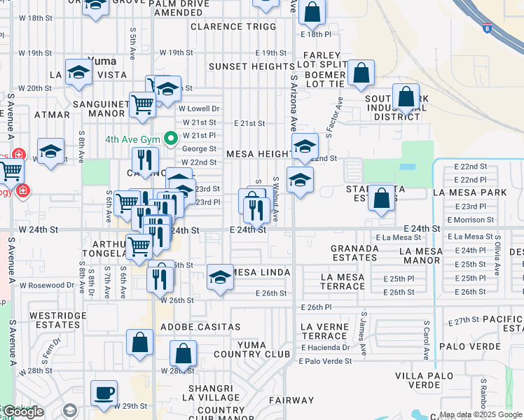 map of restaurants, bars, coffee shops, grocery stores, and more near 2345 South Maple Avenue in Yuma