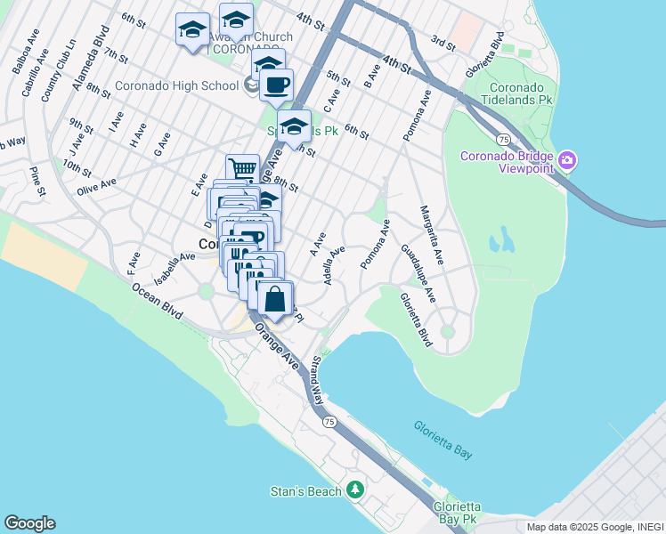 map of restaurants, bars, coffee shops, grocery stores, and more near 969 Adella Avenue in Coronado