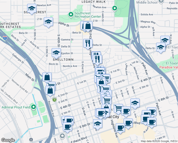 map of restaurants, bars, coffee shops, grocery stores, and more near 4250 Division Street in San Diego