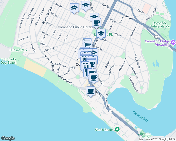 map of restaurants, bars, coffee shops, grocery stores, and more near 1009 C Avenue in Coronado