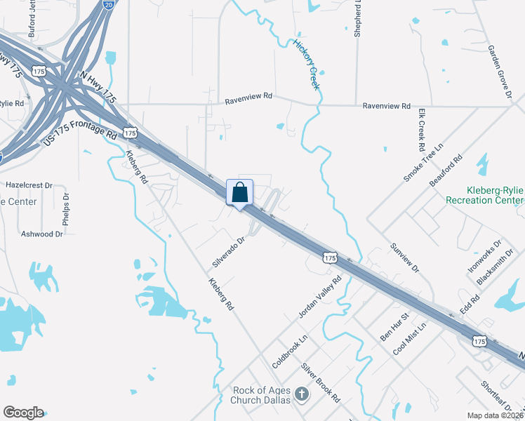 map of restaurants, bars, coffee shops, grocery stores, and more near Silverado Overpass in Dallas