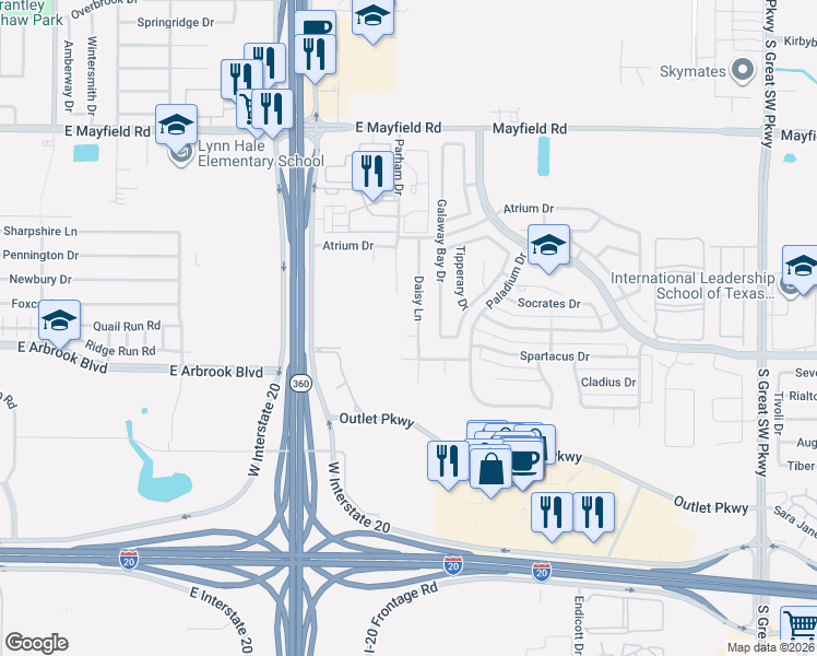 map of restaurants, bars, coffee shops, grocery stores, and more near 3468 Daisy Lane in Grand Prairie