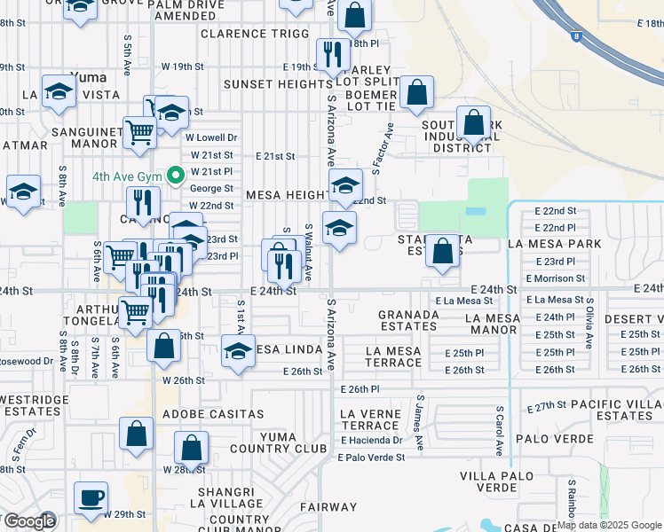 map of restaurants, bars, coffee shops, grocery stores, and more near 2345 South Arizona Avenue in Yuma