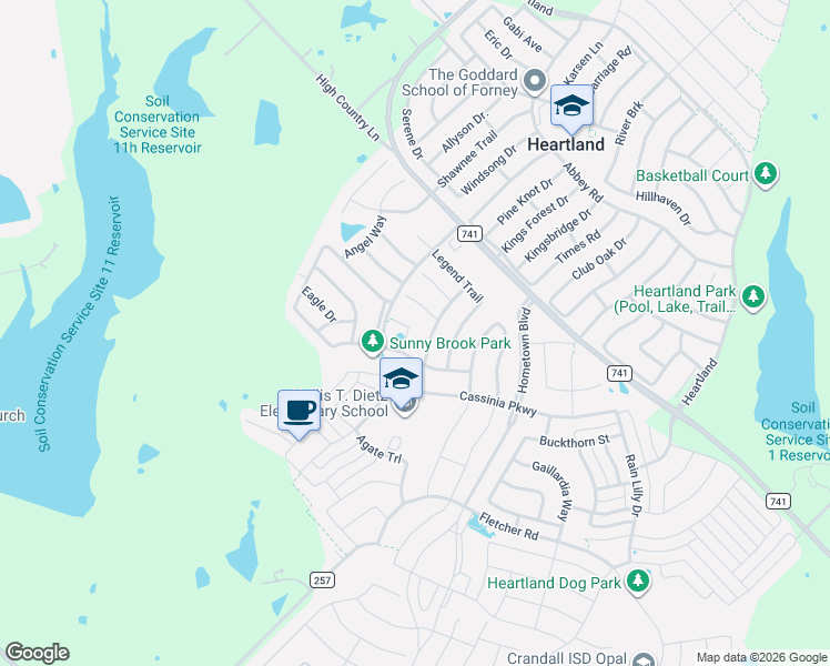 map of restaurants, bars, coffee shops, grocery stores, and more near 4115 Dragonfly Court in Forney