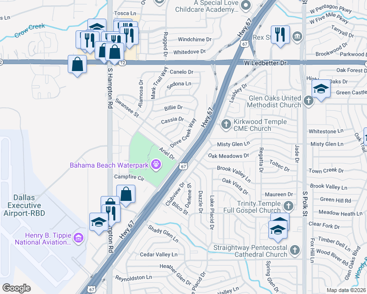map of restaurants, bars, coffee shops, grocery stores, and more near 1707 Swansee Drive in Dallas