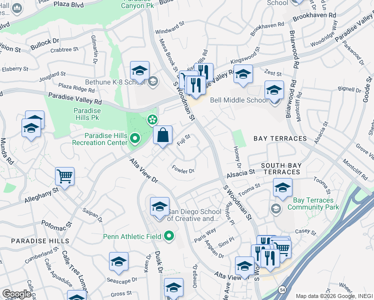 map of restaurants, bars, coffee shops, grocery stores, and more near 6819 Fuji Street in San Diego