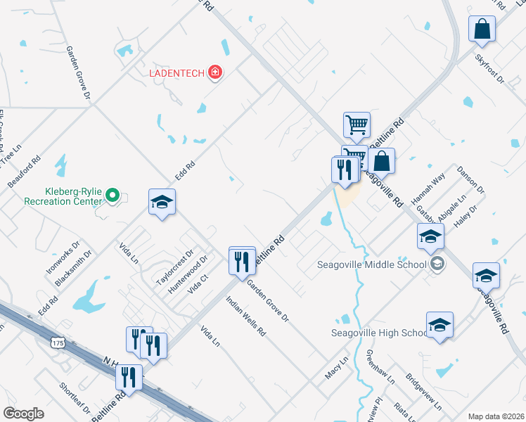 map of restaurants, bars, coffee shops, grocery stores, and more near 1275 South Beltline Road in Dallas