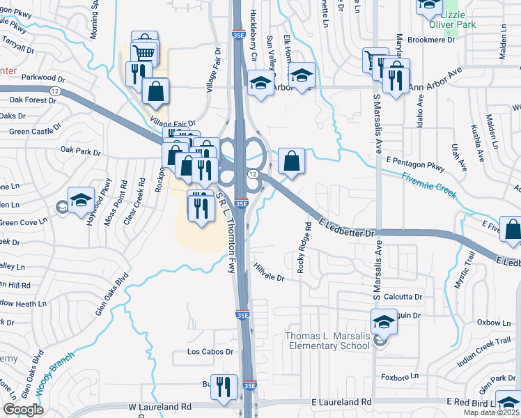 map of restaurants, bars, coffee shops, grocery stores, and more near 4756-5002 South R L Thornton Freeway in Dallas