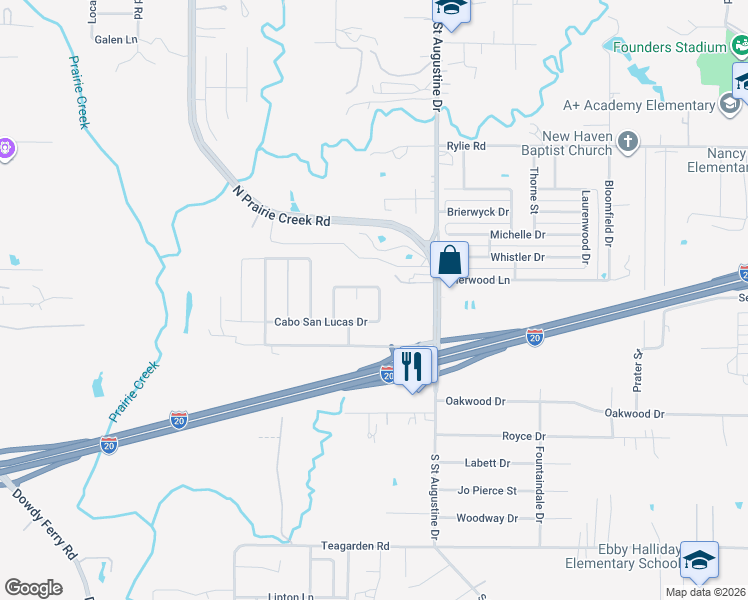 map of restaurants, bars, coffee shops, grocery stores, and more near 1613 Canary Island Court in Dallas