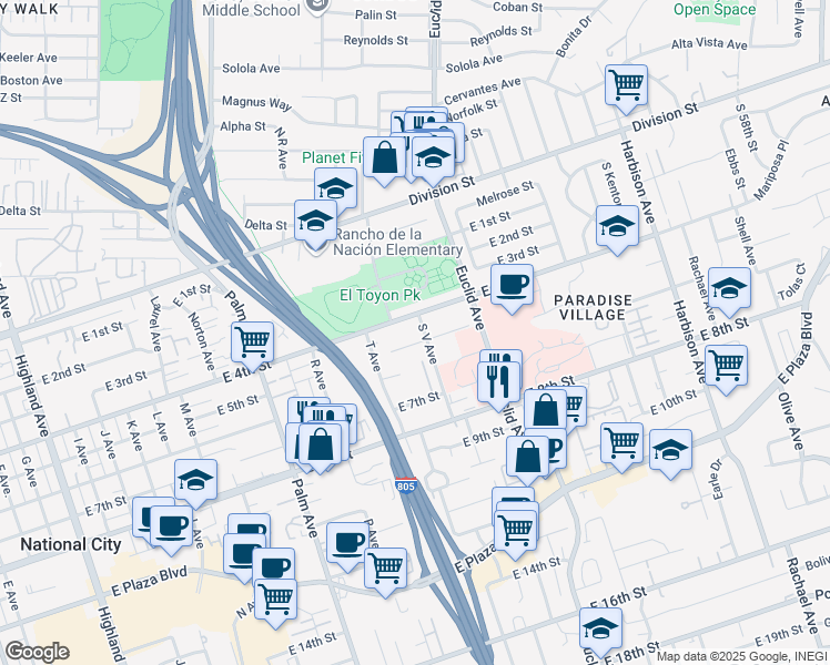 map of restaurants, bars, coffee shops, grocery stores, and more near 424 South V Avenue in National City