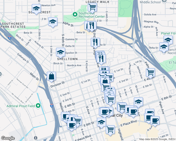 map of restaurants, bars, coffee shops, grocery stores, and more near 2041 South 42nd Street in San Diego