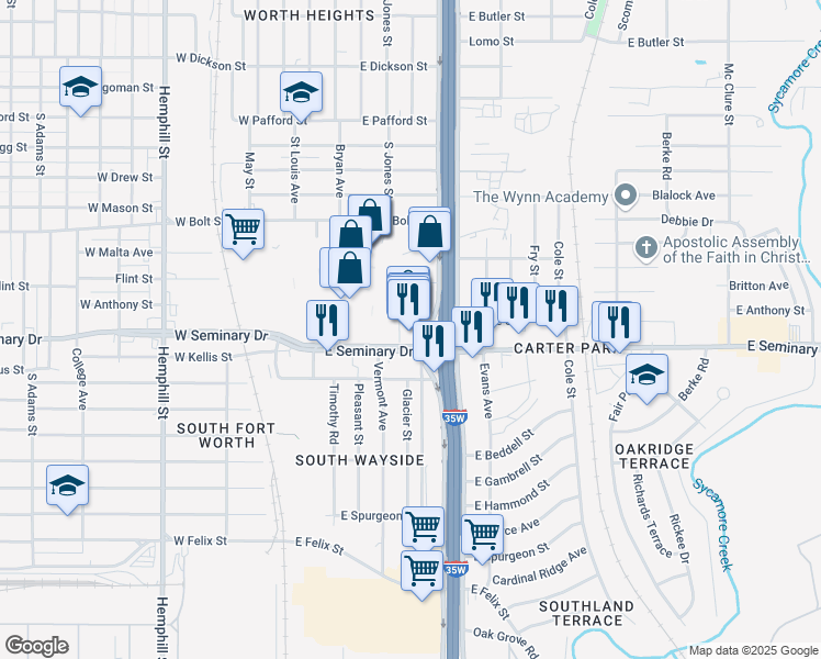 map of restaurants, bars, coffee shops, grocery stores, and more near 4200 South Freeway in Fort Worth