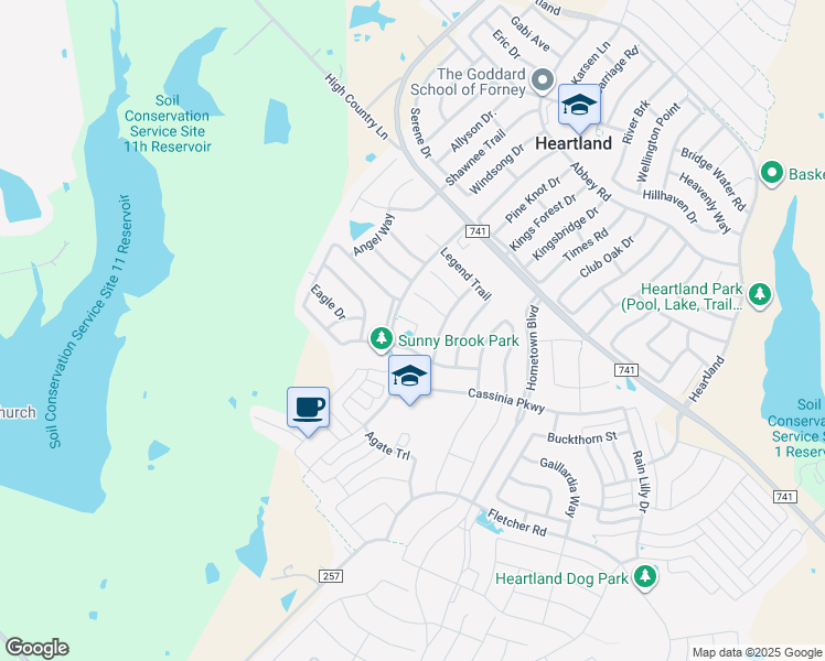 map of restaurants, bars, coffee shops, grocery stores, and more near 4115 Dragonfly Court in Forney