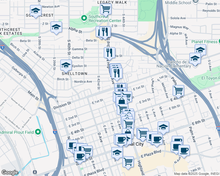 map of restaurants, bars, coffee shops, grocery stores, and more near 4274 Division Street in San Diego