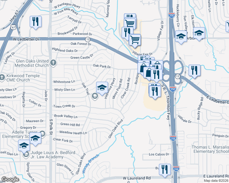 map of restaurants, bars, coffee shops, grocery stores, and more near 4917 Moss Point Rd in Dallas
