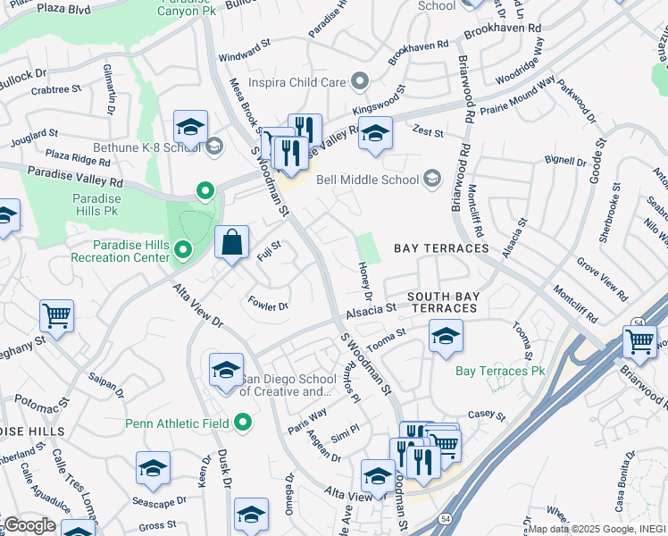 map of restaurants, bars, coffee shops, grocery stores, and more near 6942 May Court in San Diego