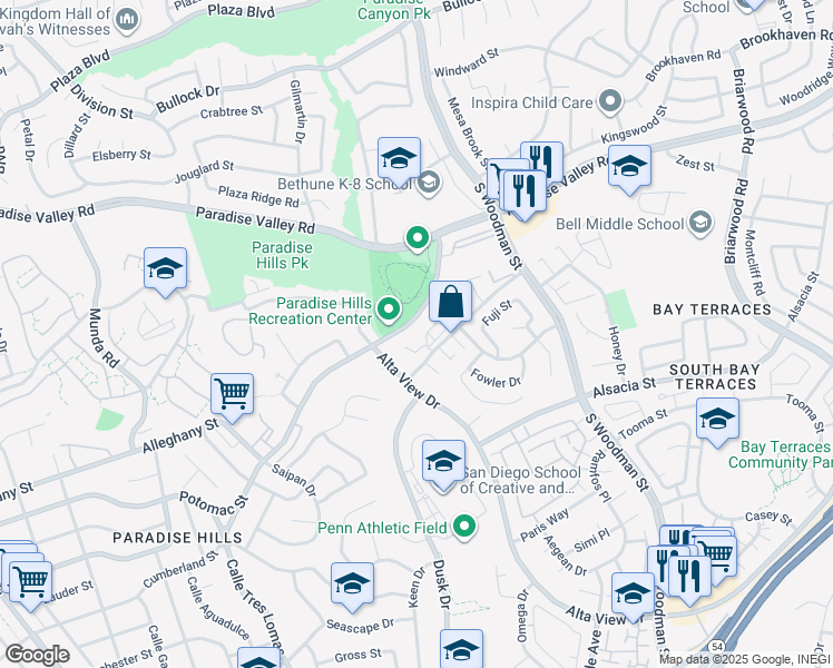 map of restaurants, bars, coffee shops, grocery stores, and more near 6690 Doriana Street in San Diego