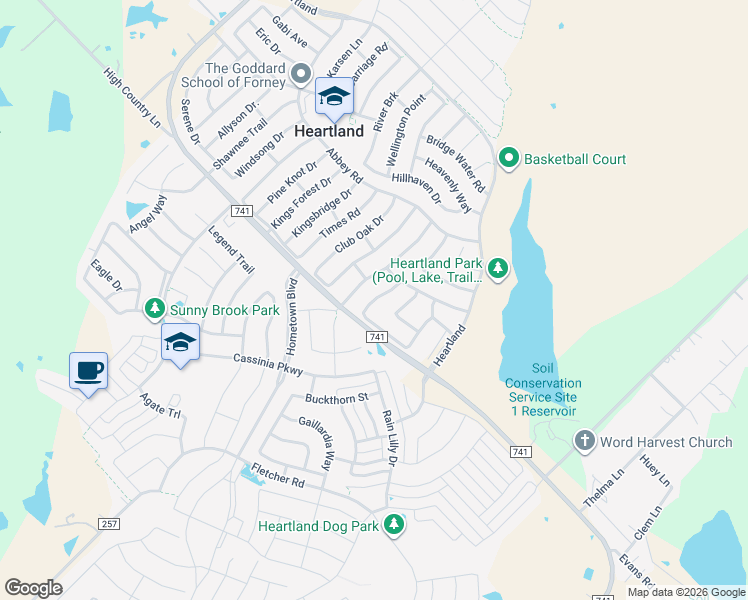 map of restaurants, bars, coffee shops, grocery stores, and more near 2009 Woodhurst Trail in Forney
