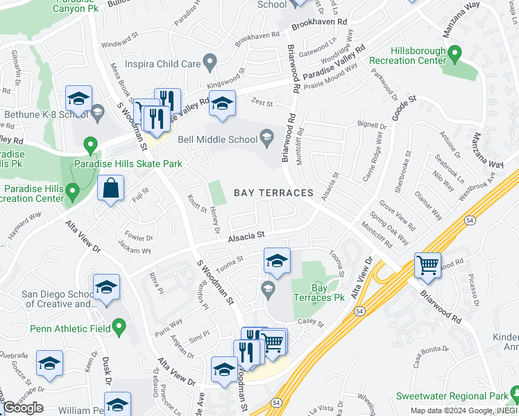 map of restaurants, bars, coffee shops, grocery stores, and more near 7089 Gunzan Street in San Diego