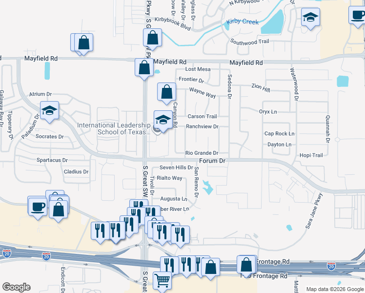 map of restaurants, bars, coffee shops, grocery stores, and more near 3535 Tamarack Dr in Grand Prairie
