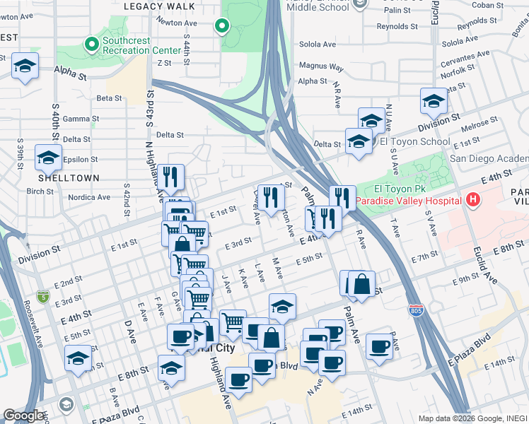 map of restaurants, bars, coffee shops, grocery stores, and more near 203 Laurel Avenue in National City