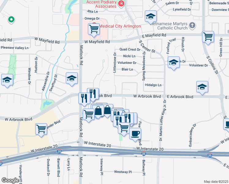 map of restaurants, bars, coffee shops, grocery stores, and more near 3624 Monterra Court in Arlington