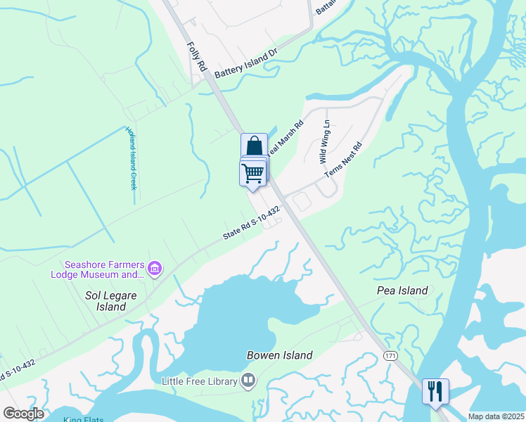 map of restaurants, bars, coffee shops, grocery stores, and more near 1986 Folly Road in Charleston