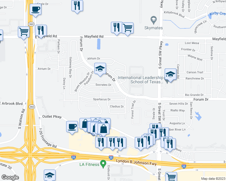 map of restaurants, bars, coffee shops, grocery stores, and more near 2720 Olympia Drive in Grand Prairie